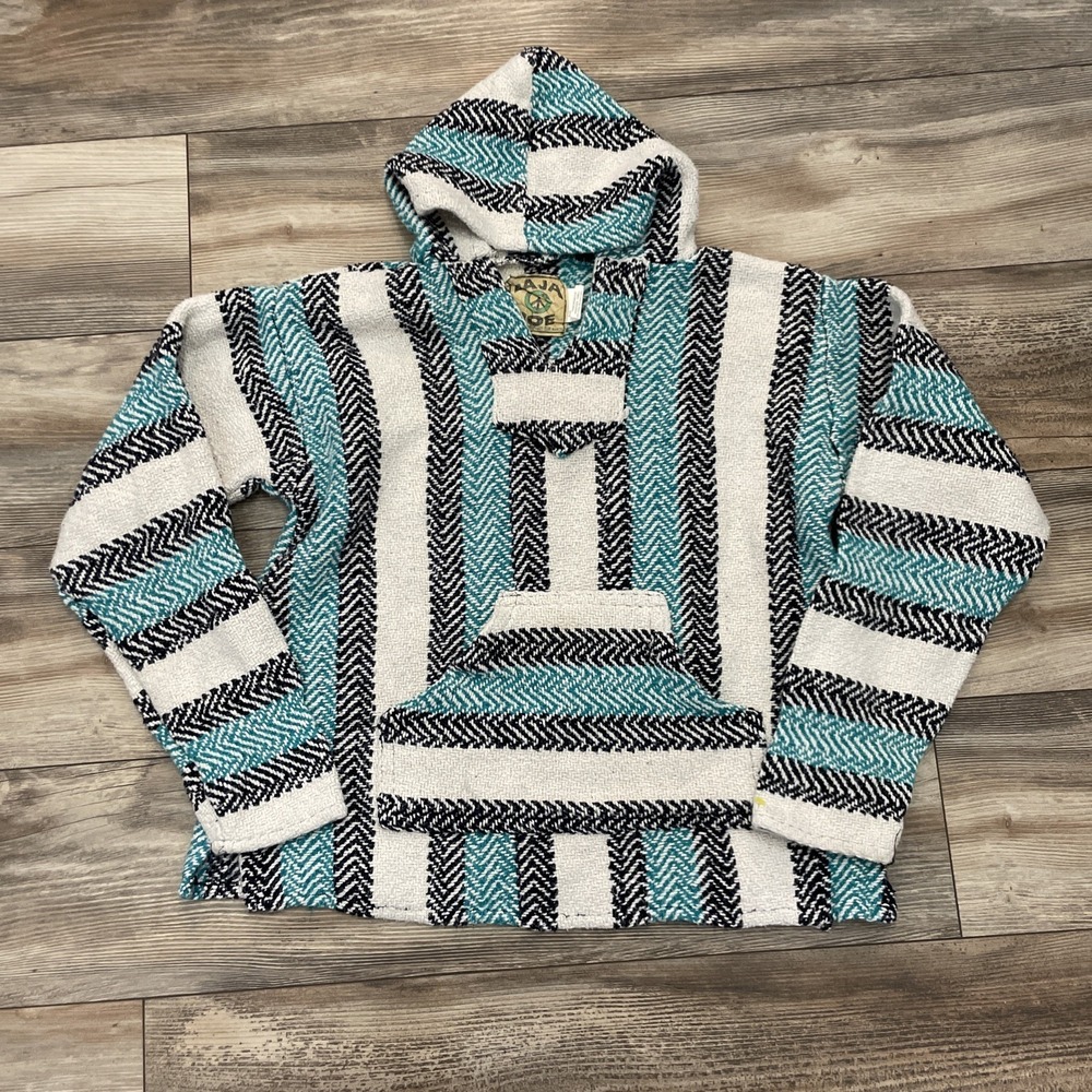 Hippie Shirt L Baja Jo Jacket Shirt Striped Pullover Long Sleeve Unisex Hooded